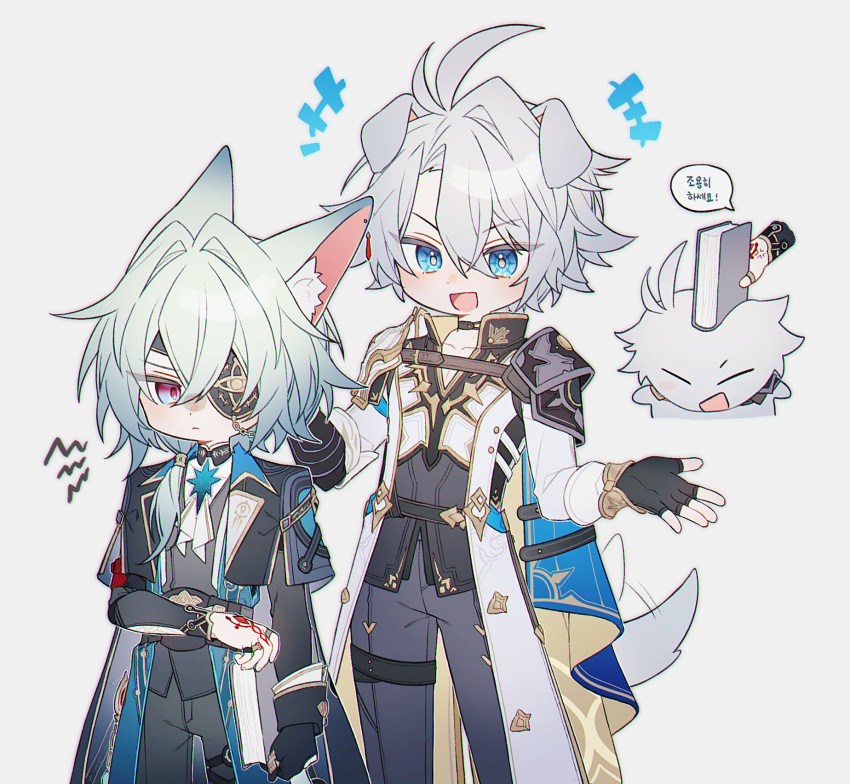 +++, 2boys, :d, anaxa_(honkai:_star_rail), animal_ear_fluff, animal_ears, antenna_hair, aqua_hair