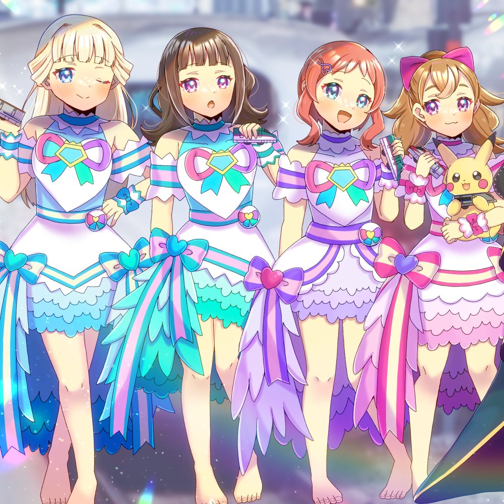 4girls, :d, barefoot, blonde_hair, blue_eyes, blurry, blurry_background, blush