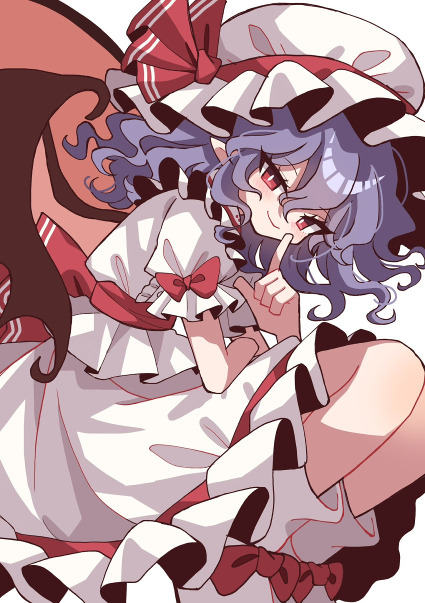 1girl, ankle_boots, back_bow, bat_wings, blue_hair, boots, bow, bright_pupils, center_frills, closed_mouth, collared_shirt, commentary, footwear_bow, frilled_shirt_collar, frilled_skirt, frilled_sleeves, frills, from_side, furiba_794, hand_up, hat, hat_bow, highres, index_finger_raised, light_blush, looking_at_viewer, medium_hair, mob_cap, pointy_ears, puffy_short_sleeves, puffy_sleeves, red_bow, red_eyes, remilia_scarlet, shirt, short_sleeves, skirt, skirt_set, sleeve_bow, smile, solo, touhou, white_background, white_boots, white_hat, white_pupils, white_shirt, white_skirt, wings