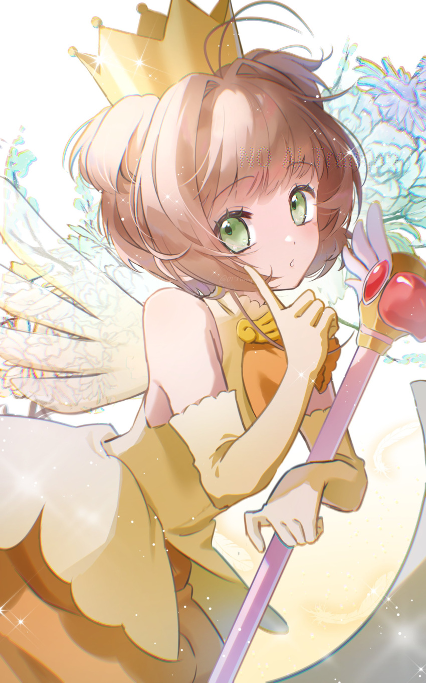 1girl, absurdres, antenna_hair, blunt_bangs, brown_hair, cardcaptor_sakura, commentary_request, crown