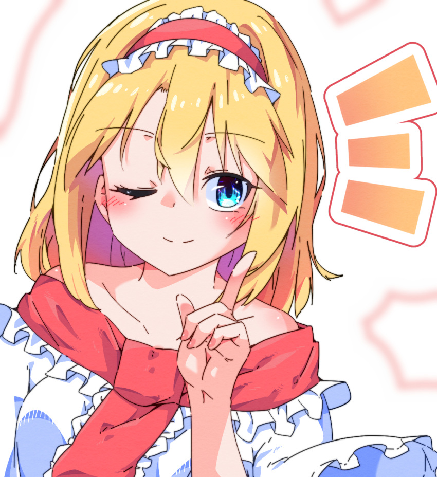 1girl, alice_margatroid, blonde_hair, blue_eyes, breasts, capelet, closed_mouth, collarbone
