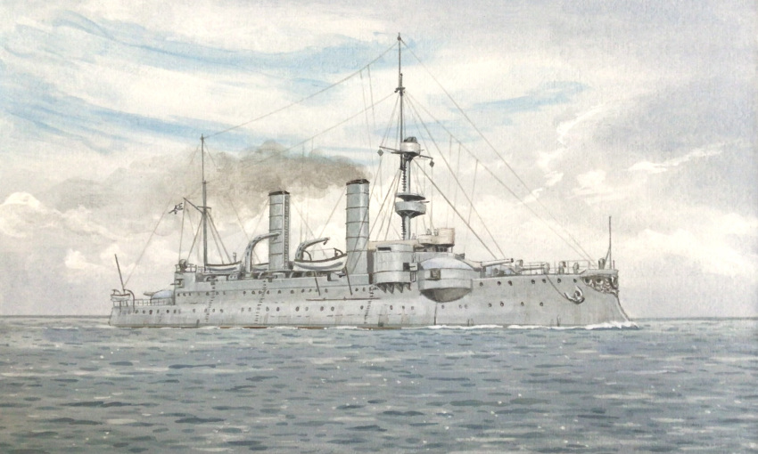 atelier_bono, cannon, highres, imperial_german_navy, imperial_war_flag, ironclad, mast, military_vehicle, ocean, original, painting_(medium), ship, sky, smoke, smokestack, sms_siegfried, traditional_media, vehicle_focus, warship, watercolor_(medium), watercraft
