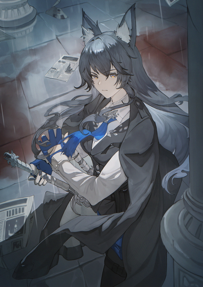 1girl, absurdres, animal_ear_fluff, animal_ears, arknights, black_coat, black_hair, black_vest