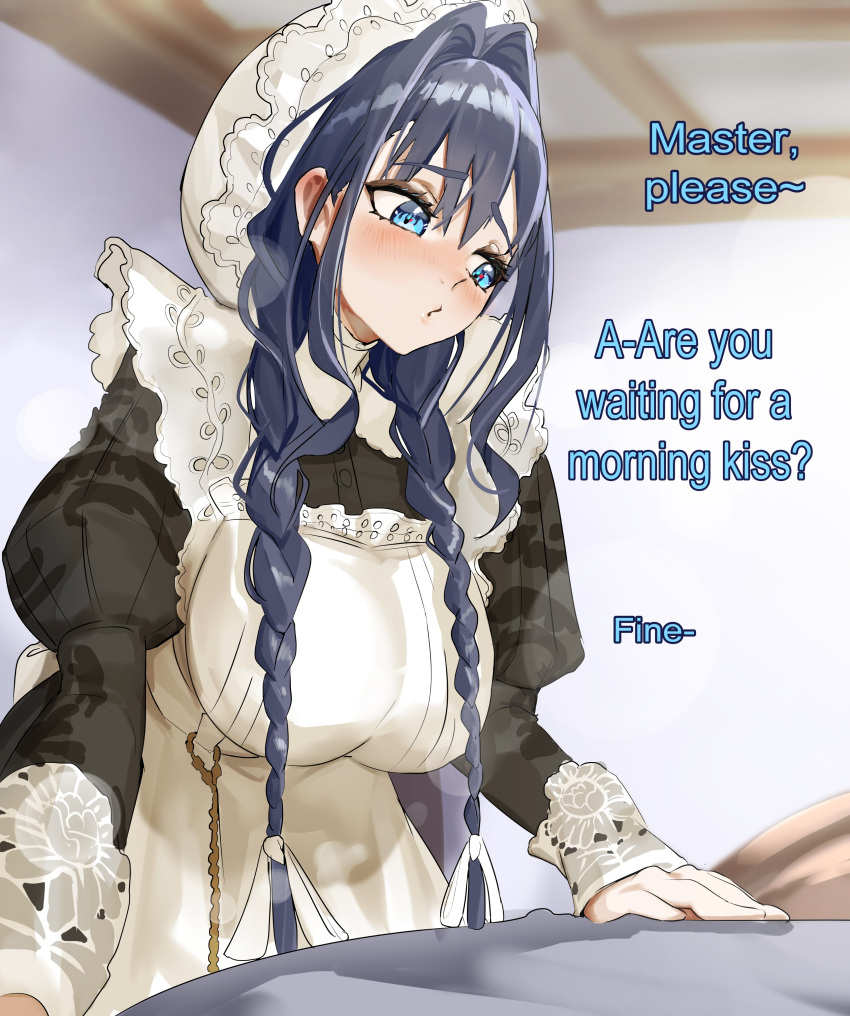 1girl, absurdres, apron, averting_eyes, black_dress, black_hair, blue_eyes, blush