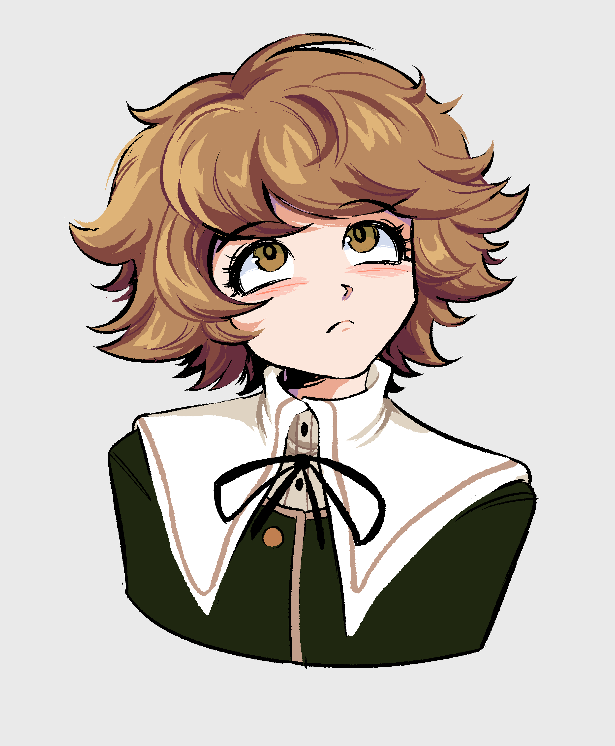 1boy, absurdres, blush, brown_eyes, brown_hair, closed_mouth, danganronpa_(series), fujisaki_chihiro, grey_background, highres, karmakoo, otoko_no_ko, short_hair, simple_background, solo, upper_body