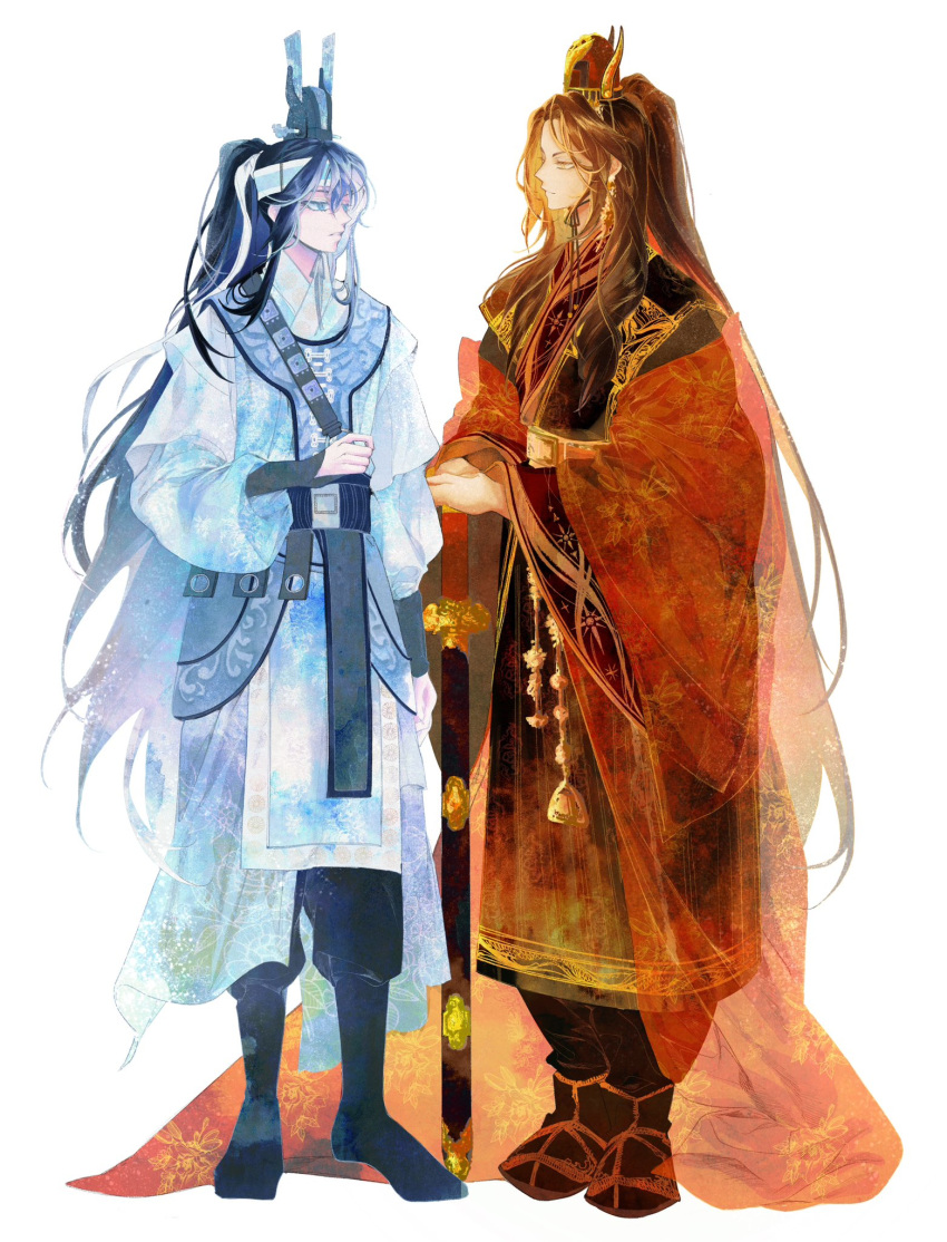 2boys, black_boots, black_hair, black_pants, blue_eyes, blue_sash, boots, brown_hair