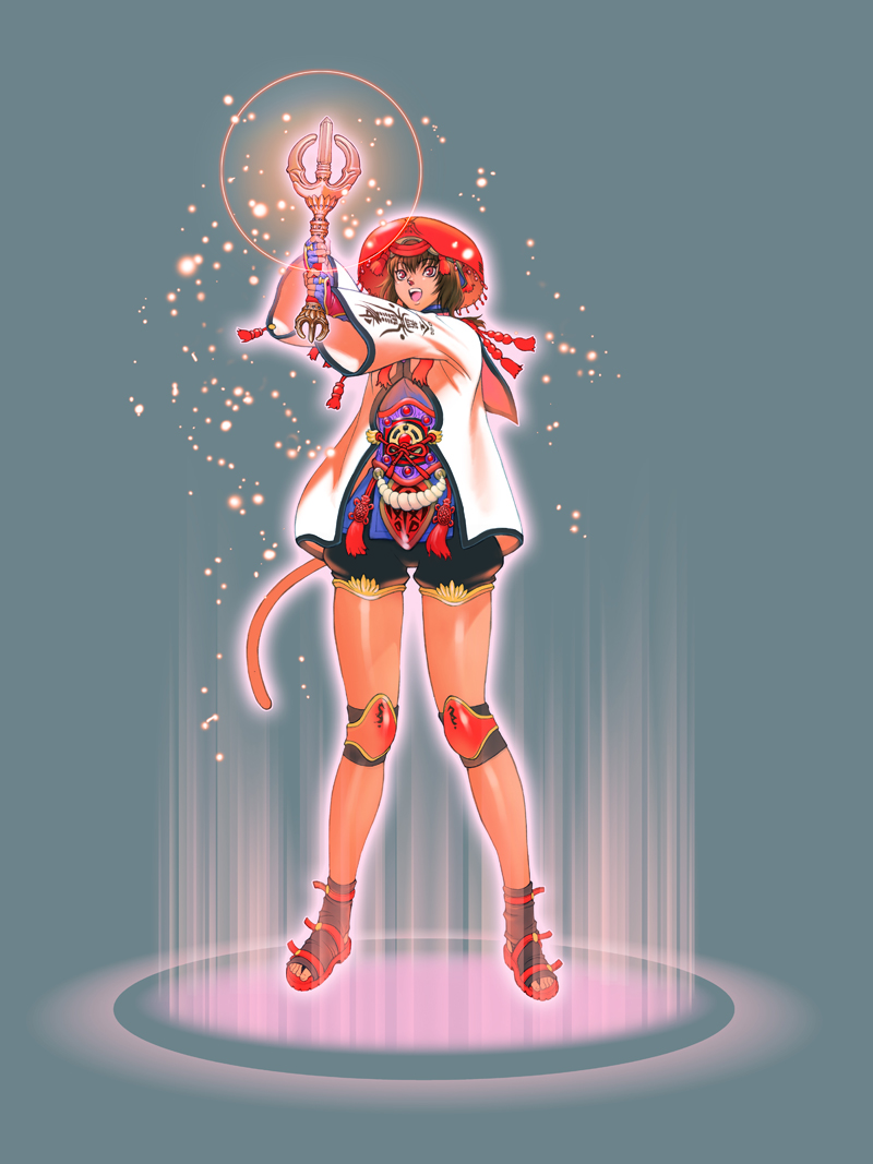 1girl, :d, adventurer_(ff11), black_shorts, black_socks, blue_gloves, brown_hair, casting_spell