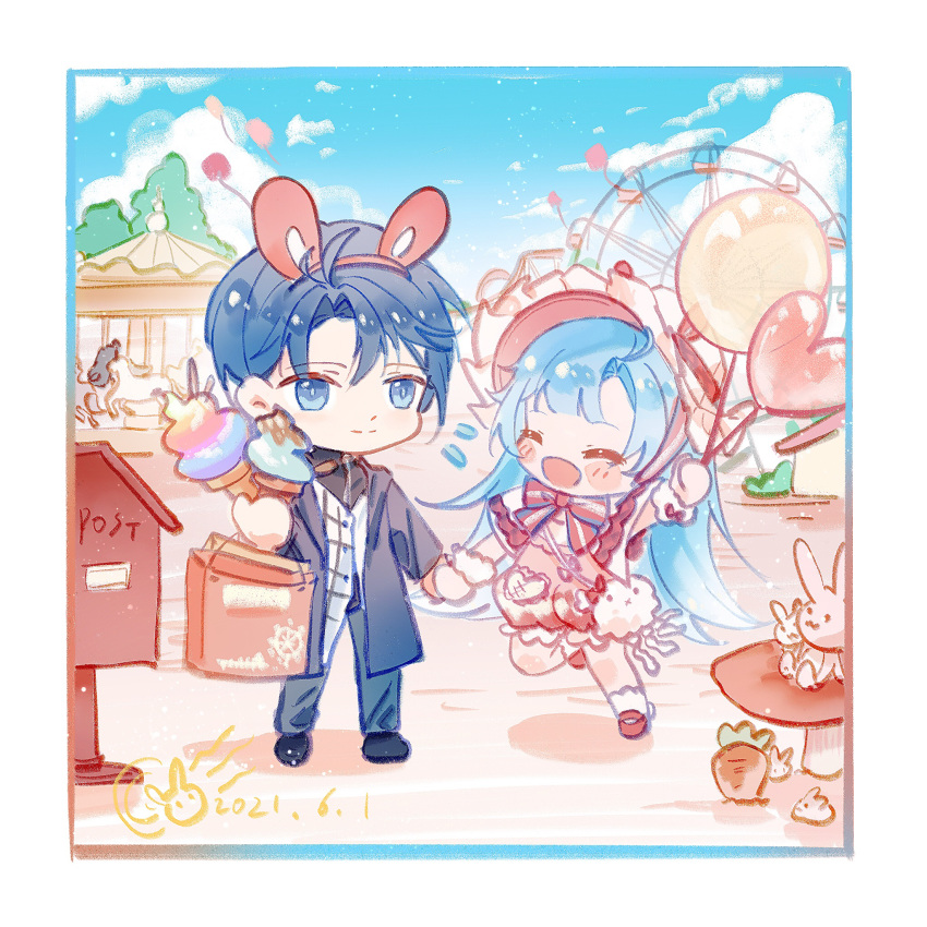 1boy, 1girl, ^_^, aeon_(shining_nikki), amusement_park, animal_bag, animal_ears, ankle_socks