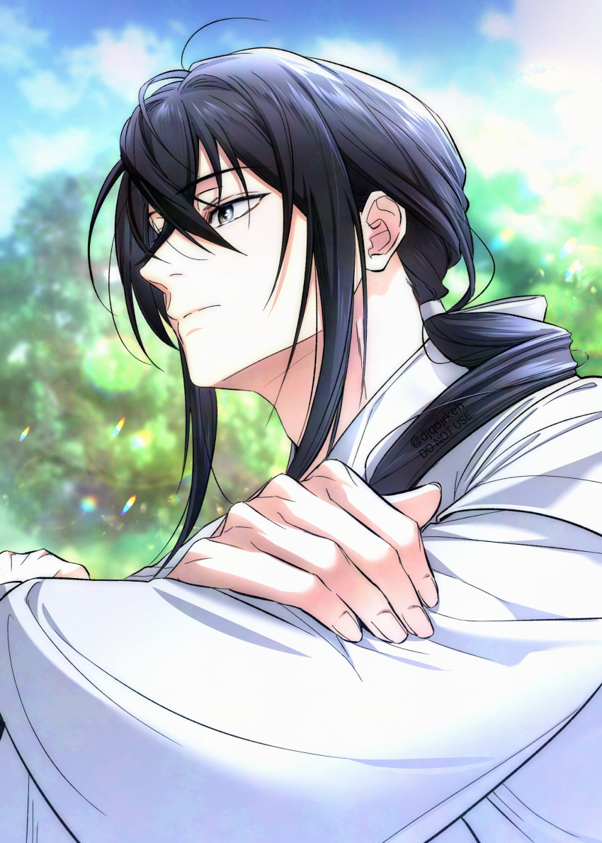 1boy, black_hair, blue_sky, bush, chinese_clothes, closed_mouth, clouds, commentary