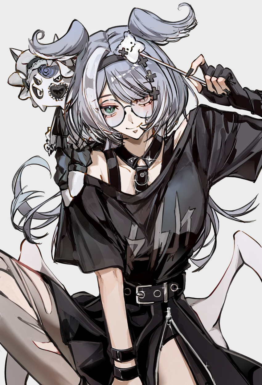 1girl, asymmetrical_legwear, black_gloves, black_hairband, black_shirt, black_skirt, blue_eyes, blue_hair