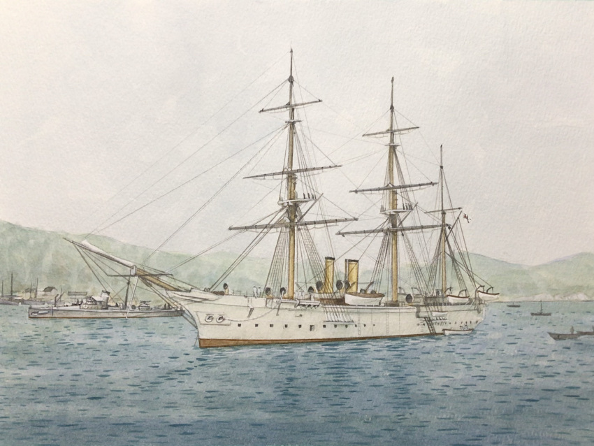 arkona_(corvette), atelier_bono, highres, imperial_german_navy, imperial_war_flag, mast, military_vehicle, mountainous_horizon, no_humans, ocean, original, painting_(medium), port, ship, sky, smokestack, steamboat, traditional_media, warship, watercolor_(medium), watercraft