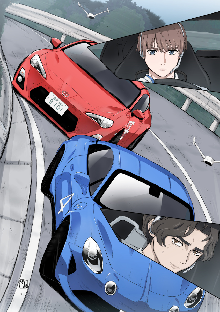 2boys, alpine_a110, bea_(bropmlk), blue_car, brown_eyes, brown_hair, car, car_interior