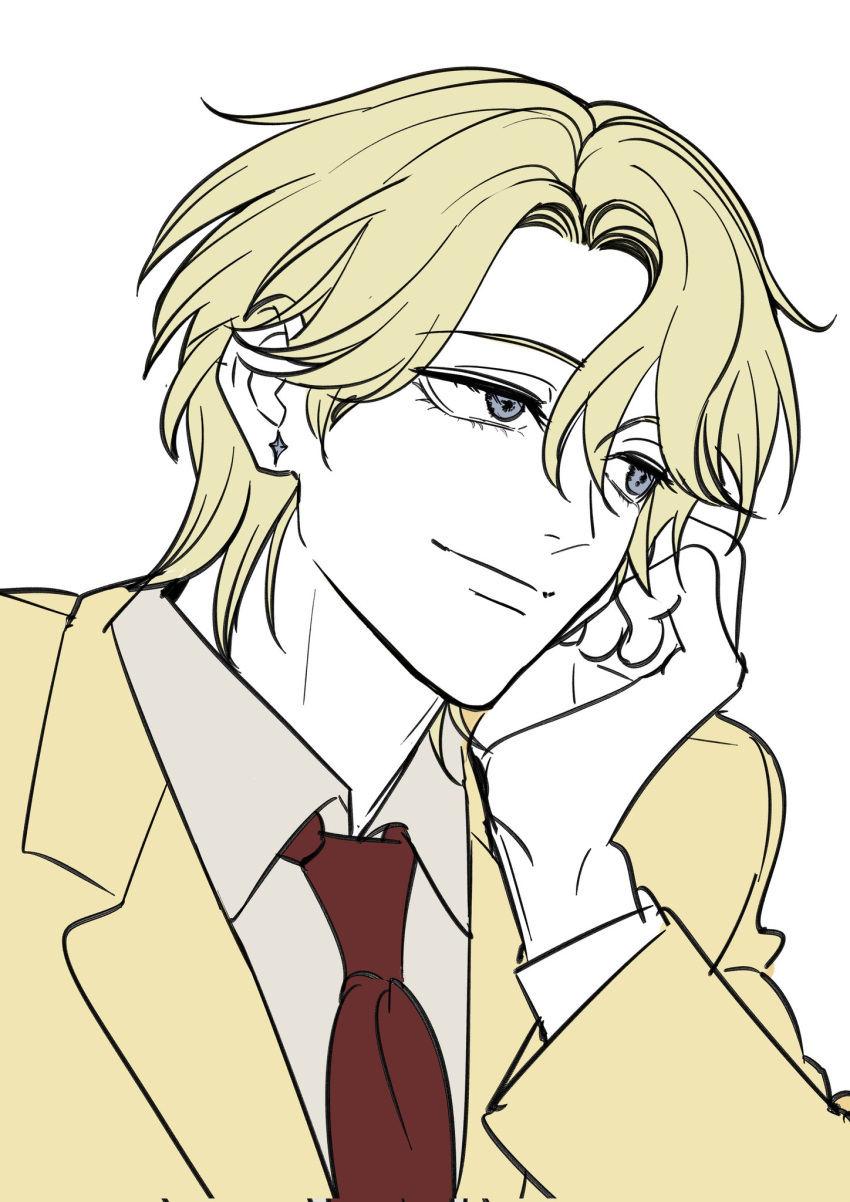 1boy, blonde_hair, blue_eyes, cheek_rest, closed_mouth, collared_shirt, commentary_request, d77dhejdk8owhk