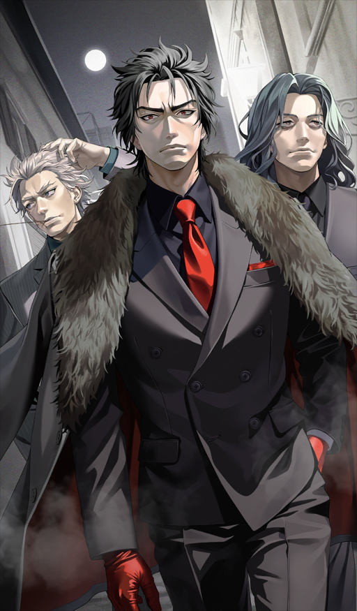 3boys, aqua_hair, aqua_shirt, arm_at_side, black_coat, black_hair, black_jacket, black_necktie