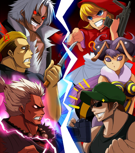 3boys, 3girls, abdomen_tail, akuma_(street_fighter), arthropod_girl, aura, b.b._hood, black_facial_hair