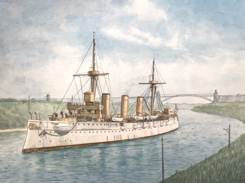 atelier_bono, bridge, canal, cannon, fog, highres, imperial_german_navy, ironclad