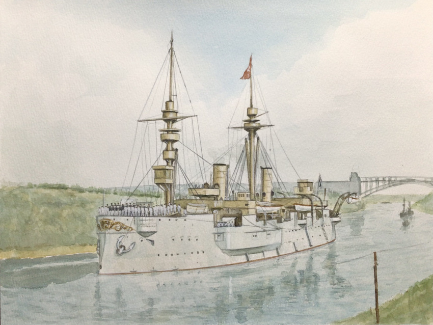 atelier_bono, bridge, canal, cannon, highres, imperial_german_navy, ironclad, kiel_canal