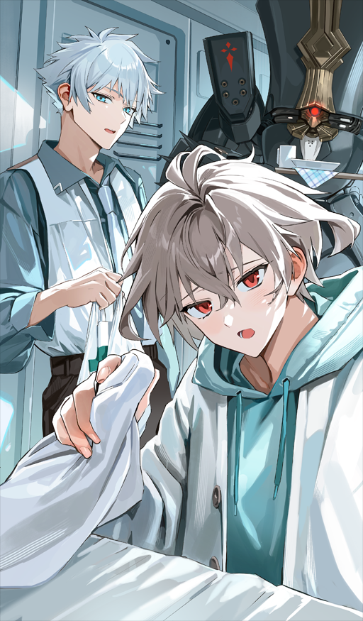 2boys, :o, aqua_hoodie, bag, blue_eyes, blue_necktie, bowl, brown_pants