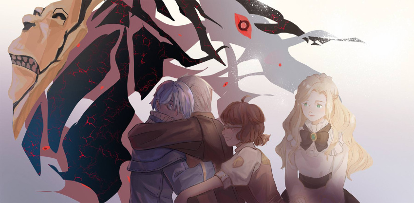 2boys, 2girls, ahoge, alternate_universe, black-framed_eyewear, black_bow, black_bowtie, blonde_hair