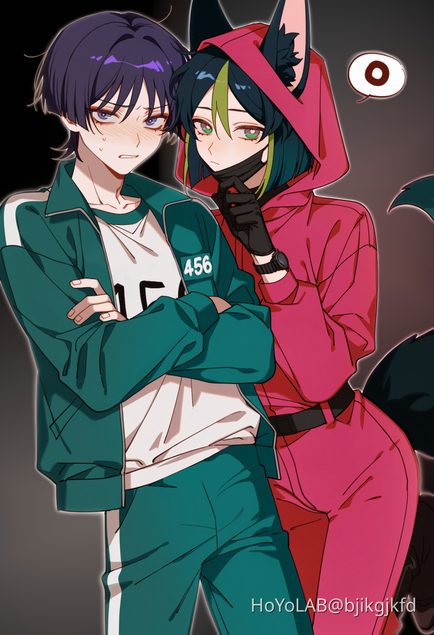 2boys, alternate_costume, alternate_universe, animal_ears, aqua_jacket, aqua_pants, belt, bishounen, bjikgjkfd, black_background, black_belt, black_gloves, black_mask, blunt_ends, bright_pupils, clenched_teeth, closed_mouth, cowboy_shot, crossed_arms, crossover, ears_through_hood, fox_boy, fox_ears, fox_tail, furrowed_brow, genshin_impact, gloves, gradient_background, green_eyes, green_hair, hand_up, highres, hood, hood_up, hooded_jumpsuit, hoyolab_username, jacket, jumpsuit, long_sleeves, looking_at_viewer, lower_eyelashes_only, male_focus, mask, mask_pull, mouth_mask, multiple_boys, no_headwear, open_clothes, open_jacket, outline, pants, parted_lips, pink_jumpsuit, purple_hair, scaramouche_(genshin_impact), shirt, shirt_partially_tucked_in, side-by-side, spoken_o, squid_game, standing, sweatdrop, tail, teeth, tighnari_(genshin_impact), wanderer_(genshin_impact), watch, white_outline, white_pupils, white_shirt, worker_(squid_game)