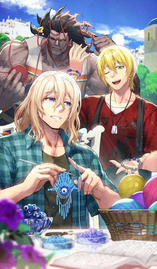 3boys, ;d, ?, aqua_shirt, arm_up, bare_arms, basket, bead_bracelet