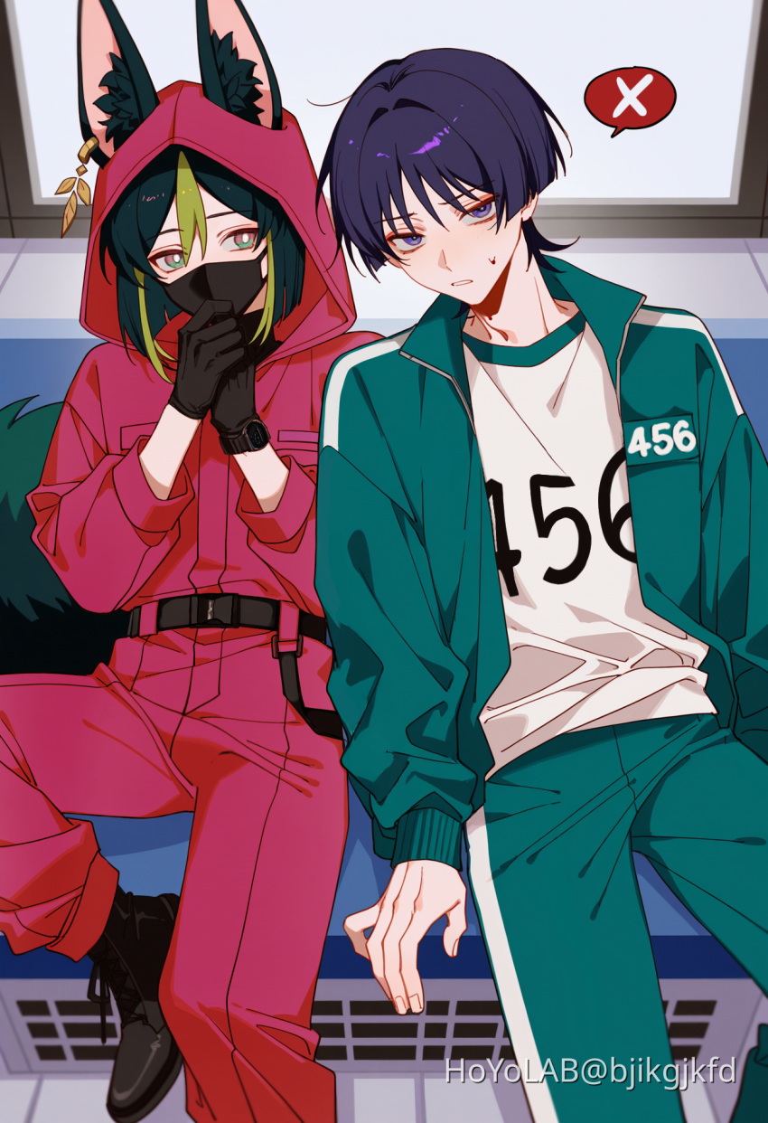 2boys, alternate_costume, alternate_universe, animal_ear_piercing, animal_ears, aqua_jacket, aqua_pants, belt