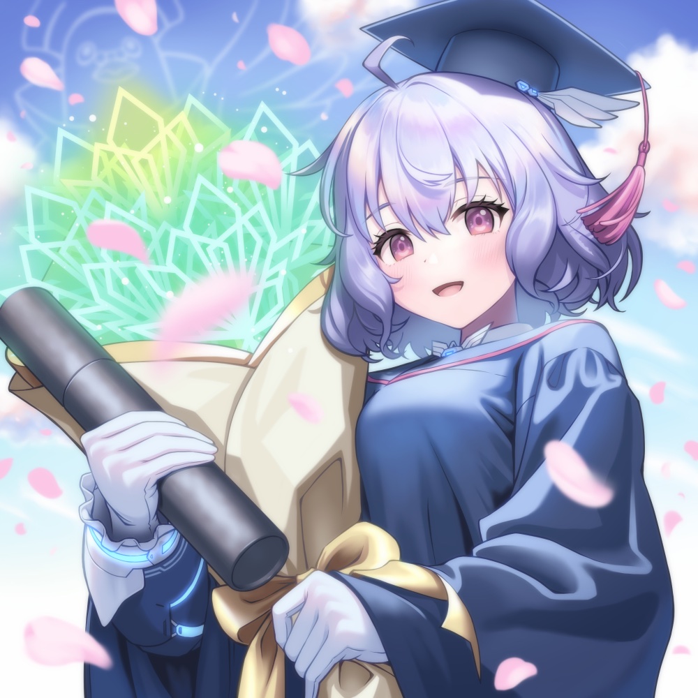 1girl, academic_regalia, ahoge, blush, bouquet, breasts, frilled_sleeves, frills