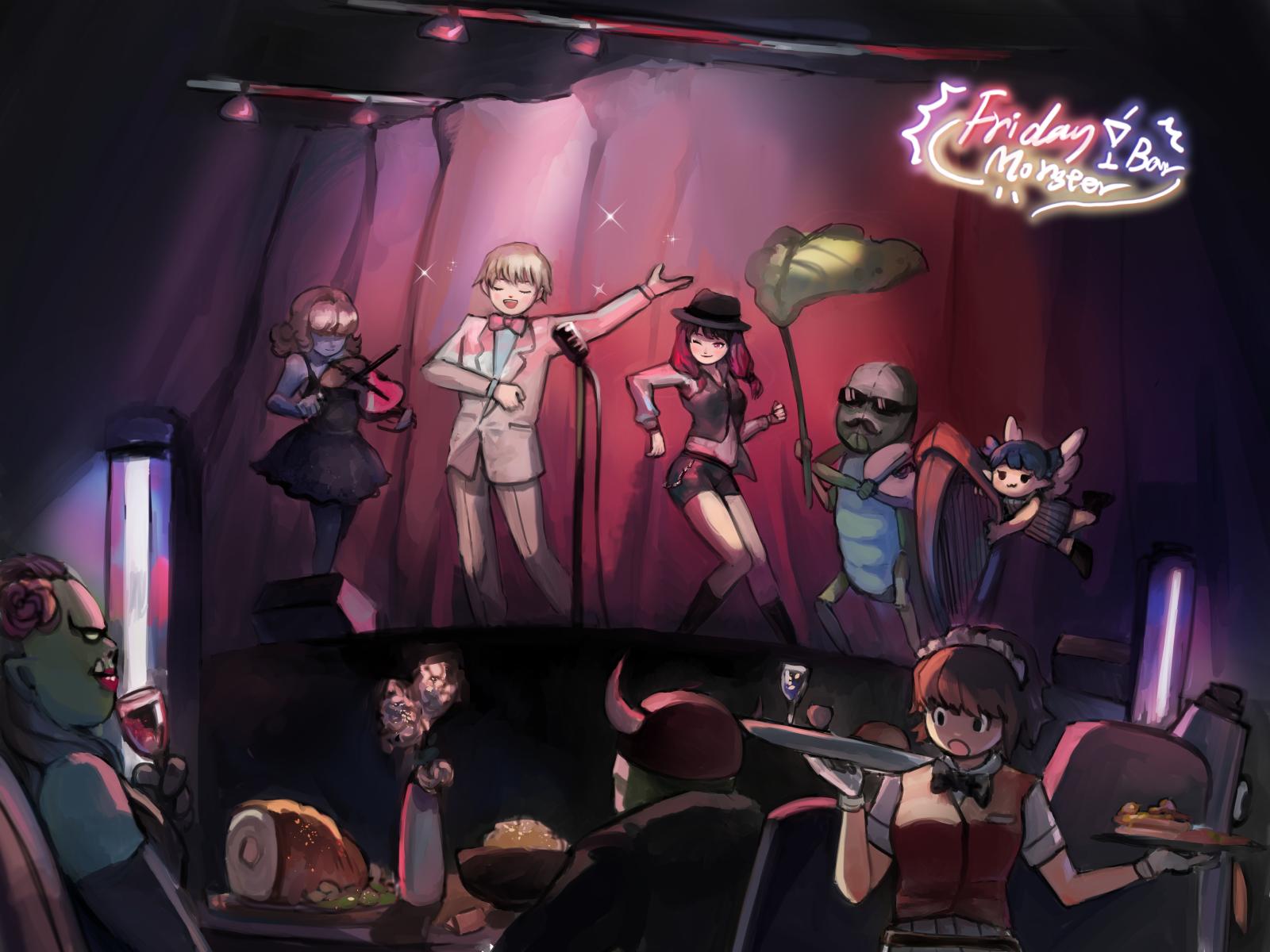 2boys, 5girls, :3, alcohol, aliza_(ragnarok_online), alphoccio_basil, alternate_costume, bar_(place)