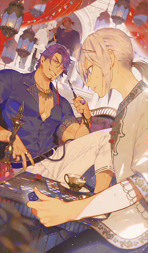 4boys, aqua_eyes, ashwatthama_(fate), blue_eyes, board_game, bottle, buttons, chaldea_boys_collection