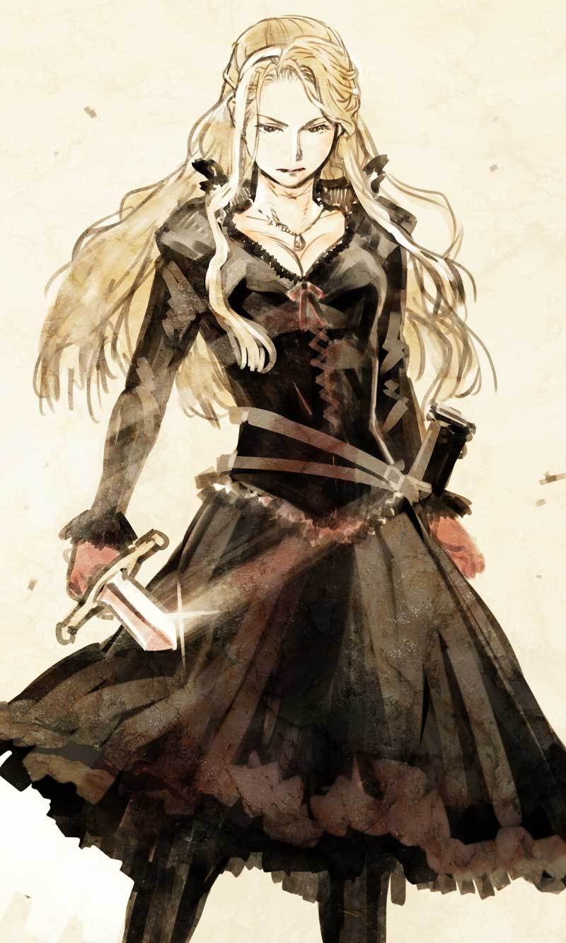 catiua_powell, character_request, cleavage, corset, dagger, highres, kishizuka_kenji, long_dress