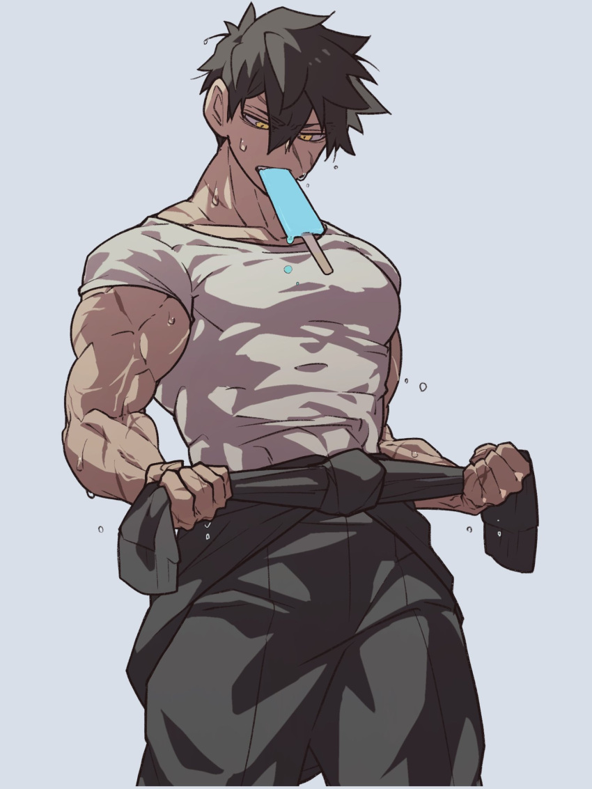 1boy, black_pants, brown_hair, clothes_around_waist, collarbone, commentary_request, covered_pectorals, cyp1a2, doudanuki_masakuni, food, food_in_mouth, grey_background, hair_between_eyes, highres, male_focus, muscular, muscular_male, pants, pectorals, popsicle, popsicle_in_mouth, scar, scar_on_cheek, scar_on_face, shirt, short_hair, short_sleeves, simple_background, skin_tight, solo, standing, sweat, t-shirt, touken_ranbu, veins, veiny_arms, very_sweaty, white_shirt, yellow_eyes