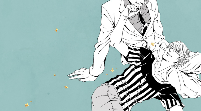 2boys, black_nails, chazy, crying, flower, greyscale, hand_on_another's_face, kaneki_ken