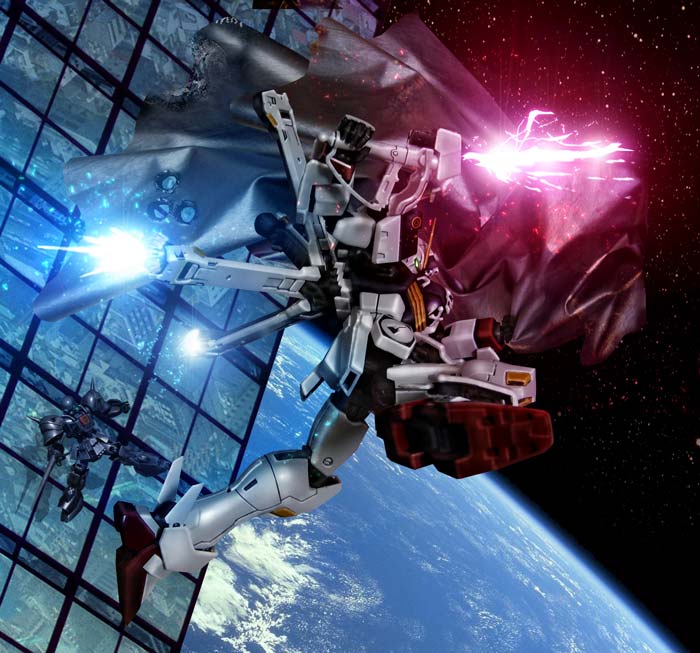 3d, cape, clouds, commentary_request, crossbone_gundam, crossbone_gundam_x-1, crossbone_vanguard, earth_(planet)