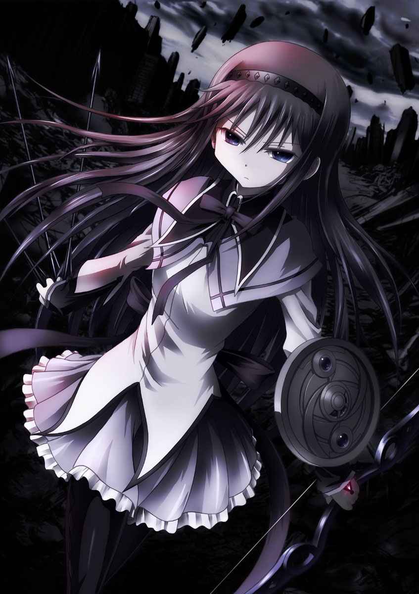 akemi_homura, arrow, bad_id, black_hair, blue_eyes, bow_(weapon), dark, dutch_angle, grey_hair, hairband, highres, kuboken, long_hair, magical_girl, mahou_shoujo_madoka_magica, pantyhose, purple_eyes, purple_hair, ruins, shield, solo, weapon