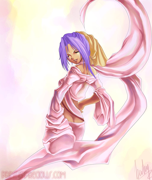 artist_request, butt_crack, choker, closed_eyes, cloth, eyes_closed, from_behind, hand_on_hip, hips, long_sleeves, melody_vilente, payot, purple_hair, short_hair, smile, solo, watermark, wild_arms, wild_arms_3