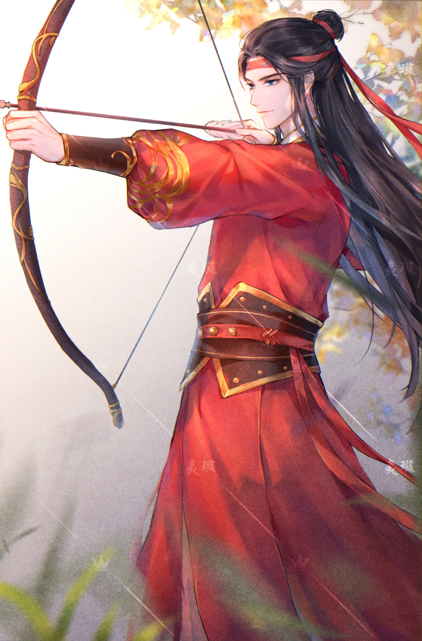 1boy, absurdres, aiming, arrow_(projectile), black_hair, blue_eyes, bow_(weapon), chinese_clothes