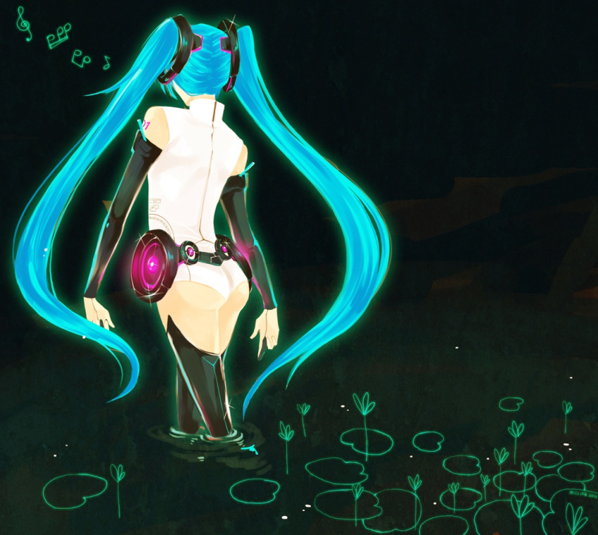aqua_hair, bridal_gauntlets, elbow_gloves, from_behind, gloves, hatsune_miku, hatsune_miku_(append), long_hair, miku_append, miss_ifa, solo, thigh-highs, thighhighs, twintails, very_long_hair, vocaloid, vocaloid_append