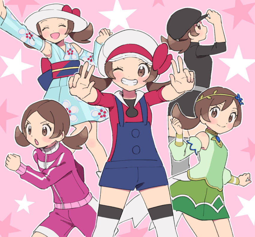 5girls, black_hat, black_skirt, blue_kimono, blue_overalls, bow, brown_eyes, brown_hair