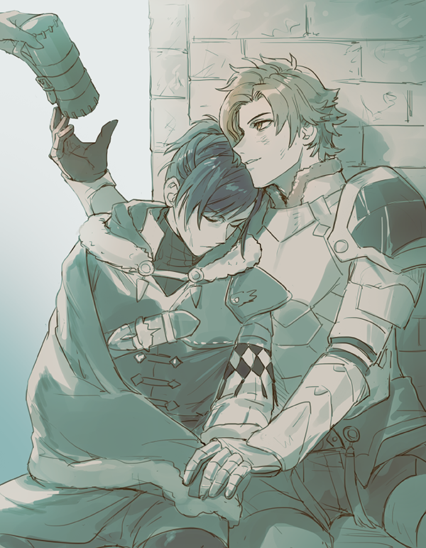2boys, armor, blue_hair, breastplate, bruise, bruise_on_face, capelet, closed_eyes