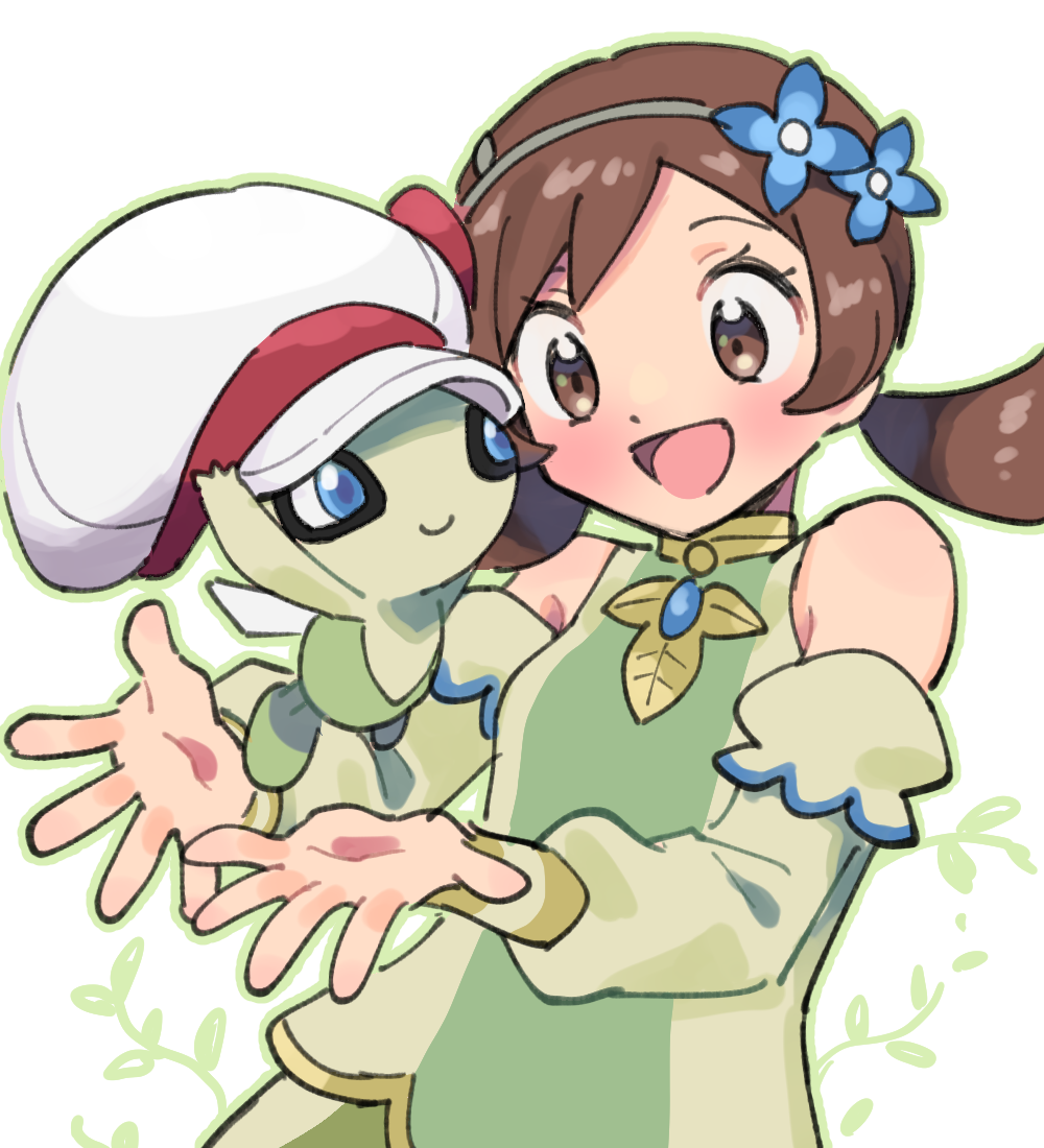 1girl, blue_eyes, brown_eyes, brown_hair, celebi, commentary_request, detached_sleeves, dress