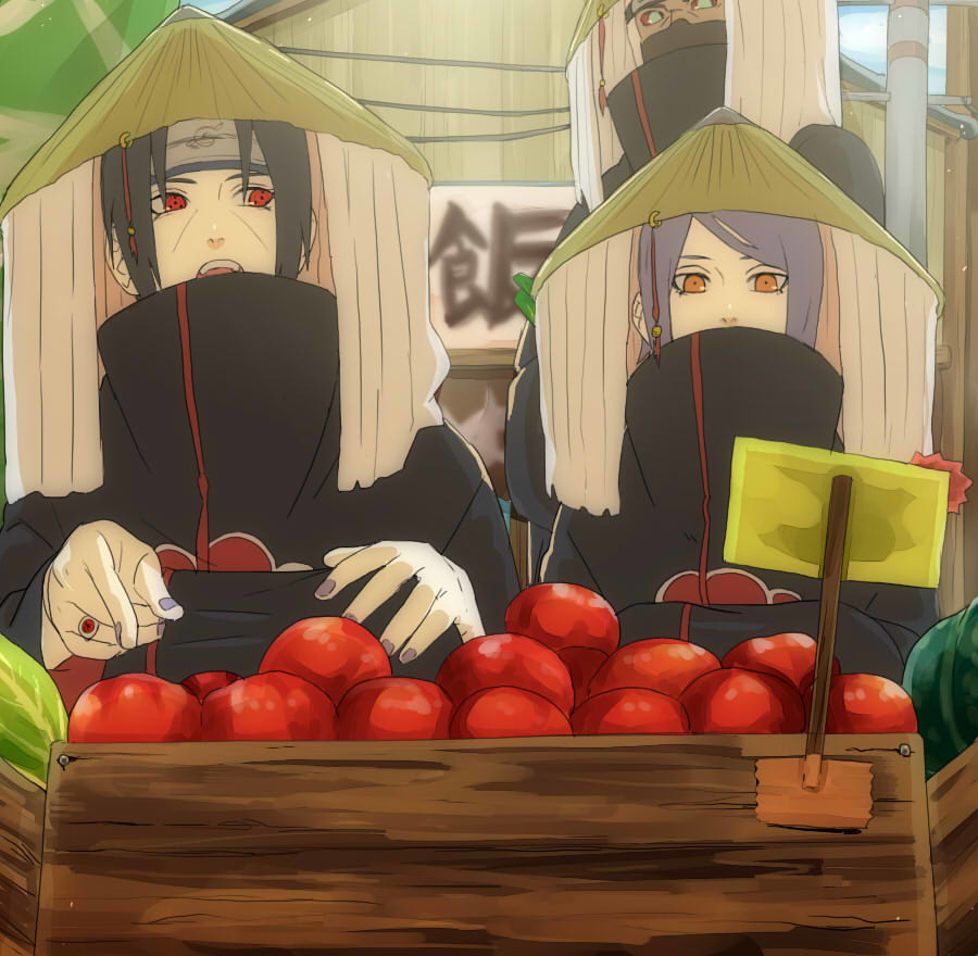 1girl, 2boys, akatsuki_uniform, bad_id, bad_pixiv_id, black_hair, blue_hair, colored_sclera