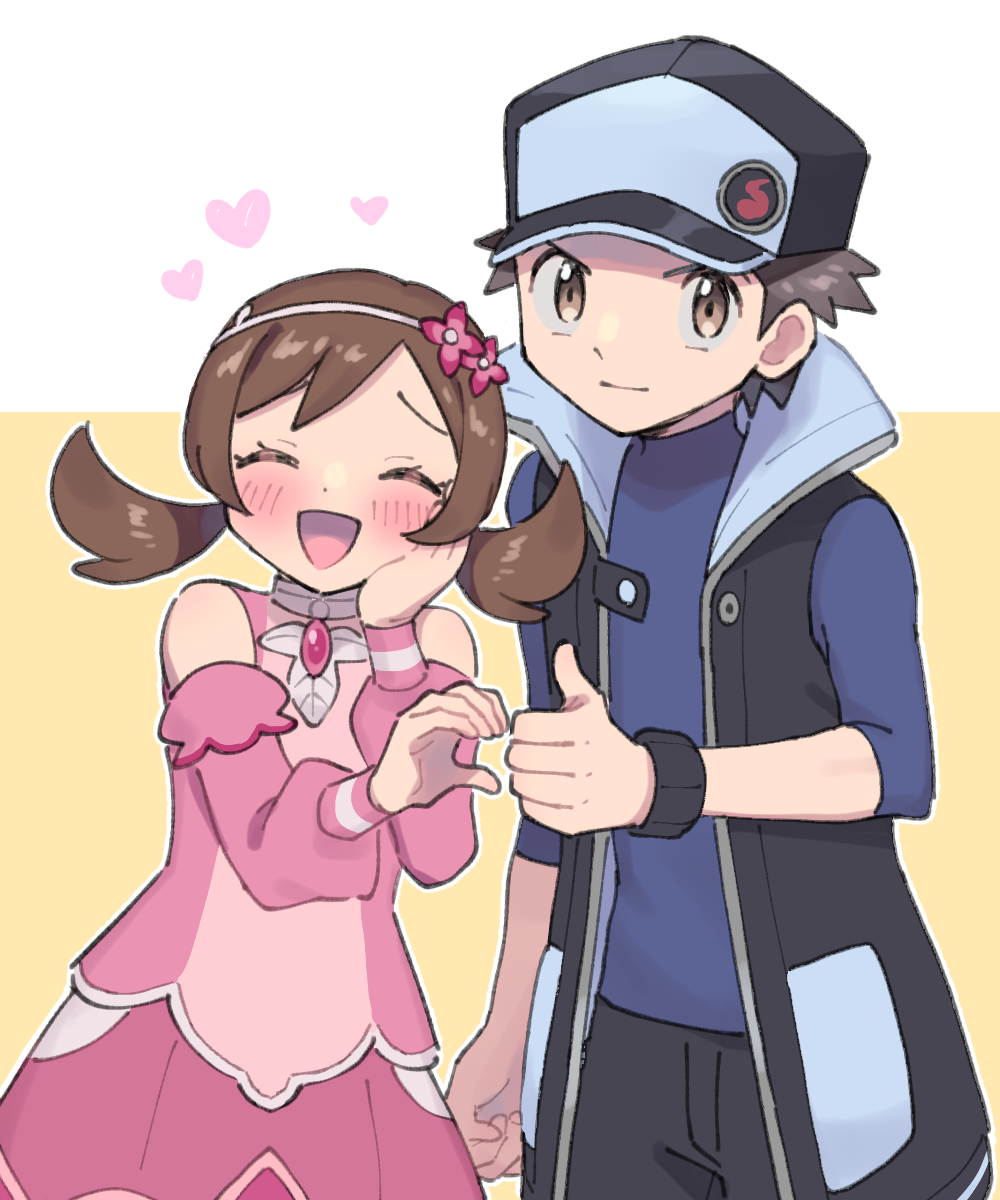 1boy, 1girl, black_hat, black_vest, blue_shirt, blush, brown_eyes, brown_hair