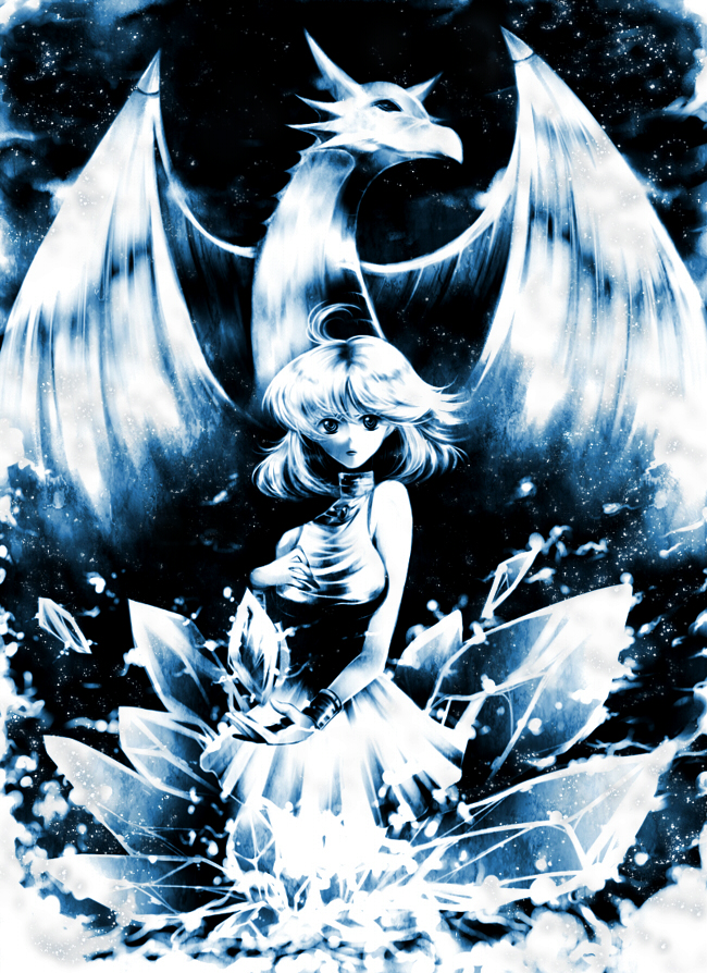 blue, crystal, dragon, fantasy, final_fantasy, final_fantasy_v, hiryu, lenna_charlotte_tycoon, monochrome, sleeveless, syldra, tenmuso, turtleneck