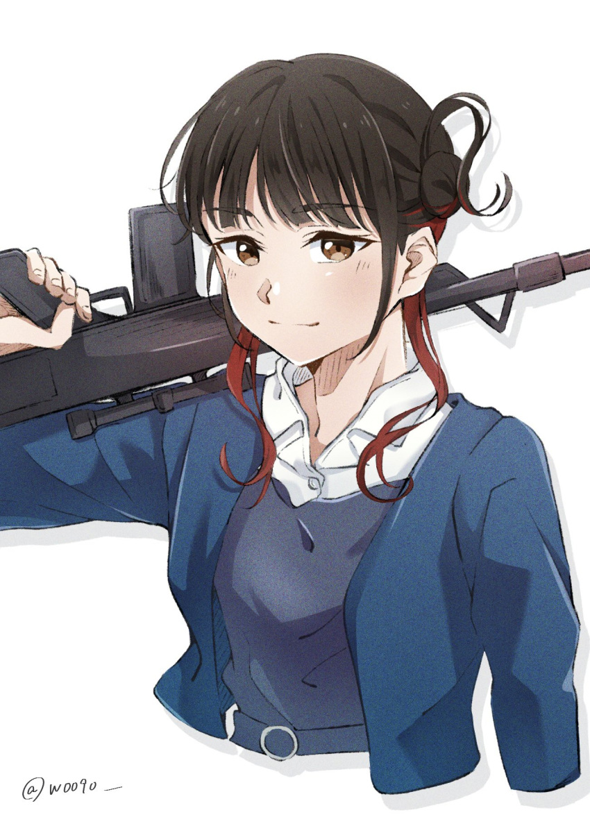 1girl, animification, black_hair, blue_jacket, blush, brown_eyes, closed_mouth, collared_shirt
