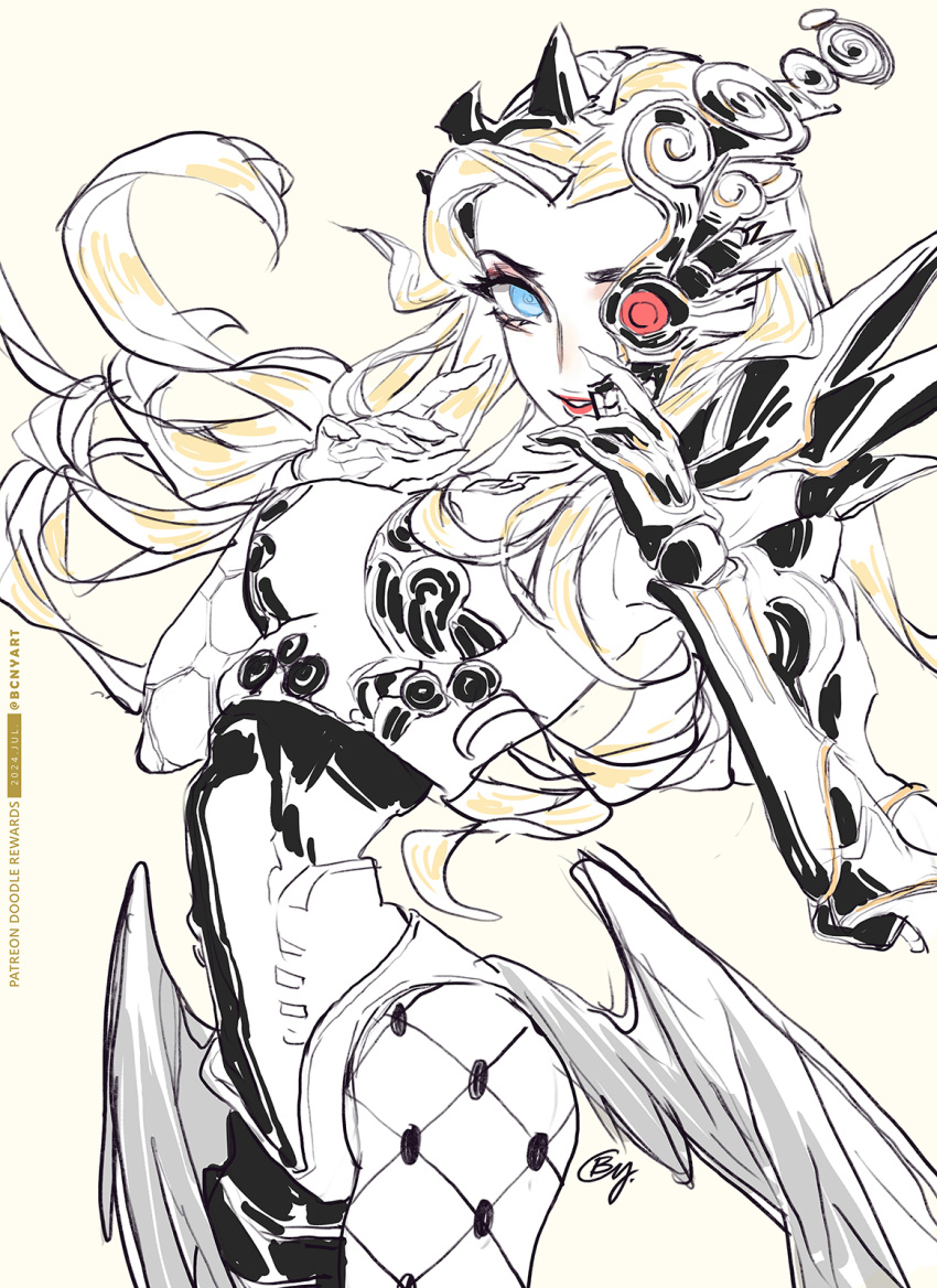 1girl, b.c.n.y., blonde_hair, blue_eyes, demon_(megami_tensei), half_mask, highres, long_hair, looking_at_viewer, mask, naamah_(megami_tensei), shin_megami_tensei, shin_megami_tensei_v, shin_megami_tensei_v:_vengeance, single_mechanical_eye, solo