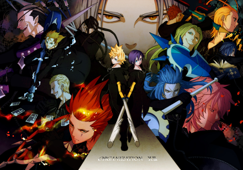 black_hair, blonde_hair, blue_eyes, blue_hair, book, brown_hair, card, cards, chakram, danbo_(symbols), dark_skin, demyx, earrings, eyepatch, floating_card, green_eyes, grey_hair, instrument, jewelry, keyblade, kingdom_hearts, kingdom_hearts_358/2_days, larxene, lexaeus, luxord, marluxia, organization_xiii, pink_hair, pointy_ears, ponytail, red_hair, redhead, roxas, saix, scar, shield, sitar, symbols, tomahawk, vexen, weapon, white_hair, xaldin, xemnas, xigbar, xion_(kingdom_hearts), yellow_eyes, zexion