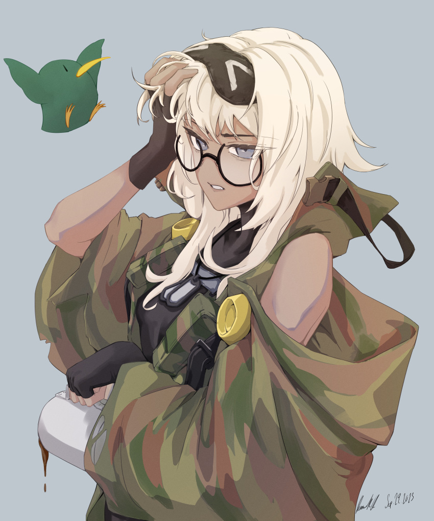 1girl, absurdres, alchemy_stars, bird, black_gloves, camouflage, camouflage_jacket, clip_studio_paint_(medium)