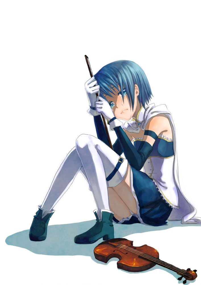 blue_hair, cape, gloves, instrument, magical_girl, mahou_shoujo_madoka_magica, miki_sayaka, setsuri_(tubaki)
