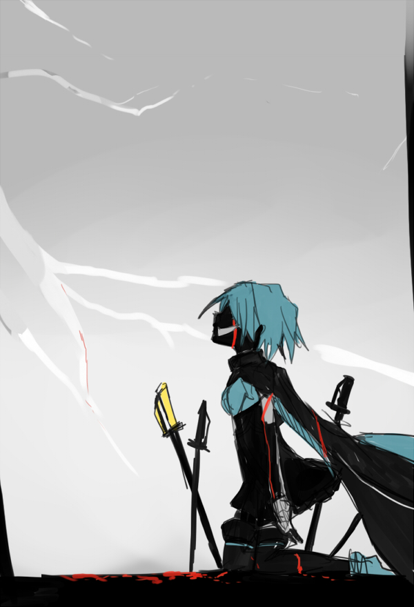 bloody_tears, blue_hair, cape, evil_grin, evil_smile, gloves, grin, magical_girl