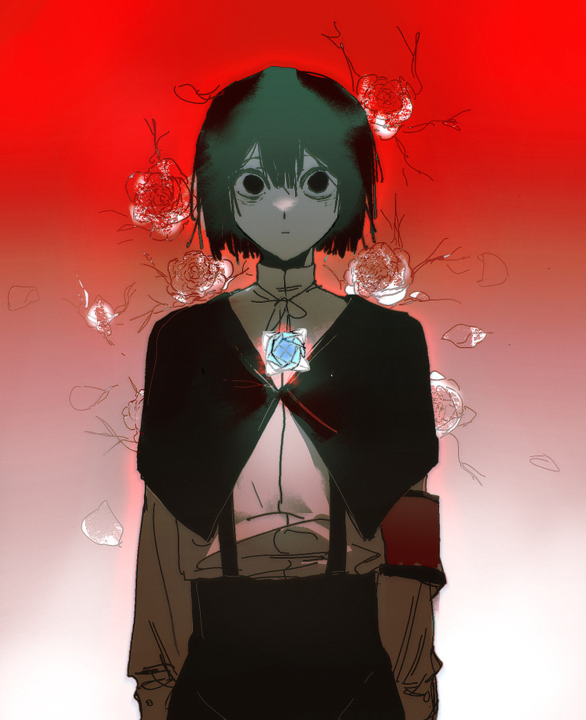 1other, androgynous, armband, black_capelet, black_eyes, black_hair, black_pants, capelet, catt_(project_moon), chinese_commentary, closed_mouth, colored_skin, commentary_request, cowboy_shot, double-parted_bangs, empty_eyes, flower, gradient_background, heibaihuabing, highres, other_focus, pants, project_moon, red_armband, rose, shirt, short_hair, solo, suspenders, white_shirt, white_skin, wide-eyed, wonderlab
